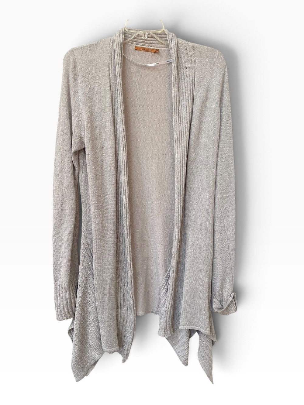 Belldini Light Gray Metallic Silver Lurex Open-Front Draped Cardigan sz M
